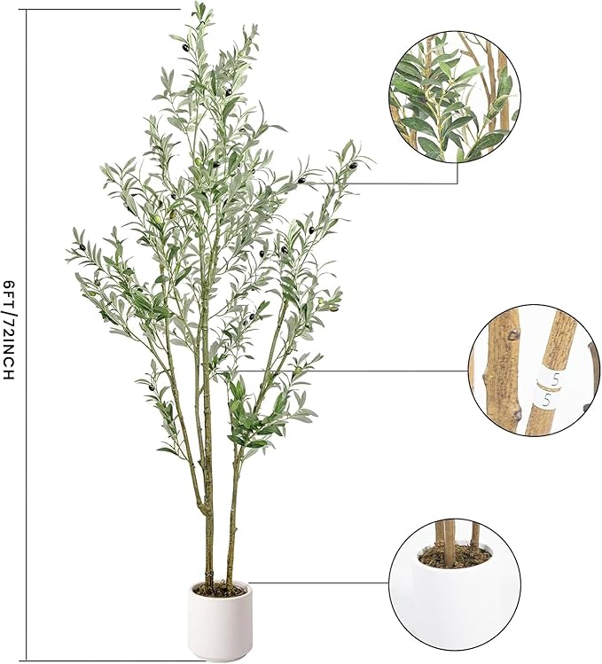 Olive Trees Artificial Indoor,Fake Olive Tree 6FT Tall 1Pack with White Planter Faux Silk Olive Tree for Home Living Room Office Decor Faux Artificial Plants Indoor with Fruit & Free Moss