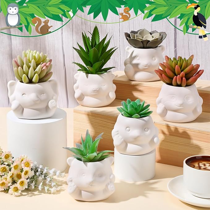 Chuangdi 6 Sets DIY Ceramic Succulent Pots Paint Animal Planters Unpainted Plant Flower Pot Paintable Ceramic Painting Kit Drainage Hole Color Paints Paintbrushes Palettes for Craft(Novel Style)