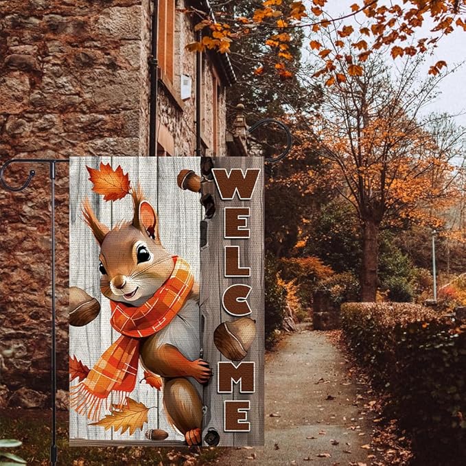 Welcome Fall Garden Flag 12x18inch The Nut Squirrel Fall Autumn Thanksgiving Garden Flags Yard Porch House Flag Double-Side For Home Outdoor Yard Patio Lawn Decor, Garden Decorations