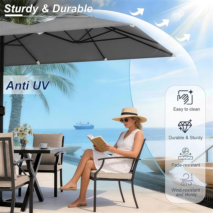 10 Pieces Patio Dining Set,Metal Outdoor Furniture Set Includes 13.6FT Grey Umbrella,Hole Cut-Out 78.7" x 35.4" Table and 8 Metal Backrest Chairs for Backyard,Garden,Sand