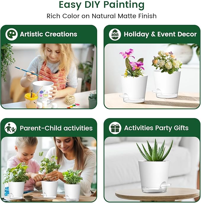 Meowell 6 inch Self Watering Pots for Indoor Outdoor Plants, 3 Pack Flower Plant Pots with Drainage Holes and Clear Reservoirs, Visible Water Level, Plastic Planters with Wicking Rope, White