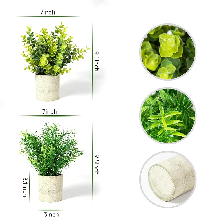 Ferrisland Small Fake Potted Plants: 4 Pcs Artificial Potted Decor Set - Faux Green Eucalyptus and Mini Succulent Desk Decorations for Indoor Kitchen Room or Home Table Centerpieces