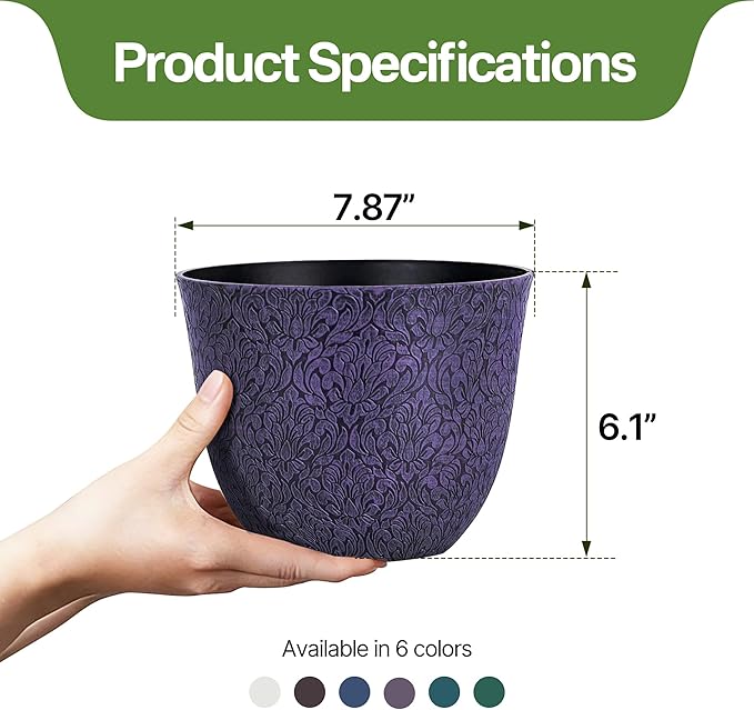 Worth Garden Plastic Round 8" Plant Pots for Indoor Plants - Set of 6 Multicolor Small Flower Pots W/Drainage Hole and Rubber Plug - Home Christmas Decorative planters Retro Floral Pattern