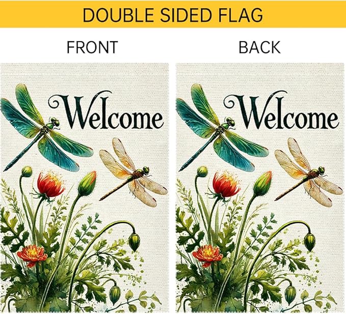 Hello Spring Summer Tulip Dragonfly Garden Flag 12x18 Inch Double Sided Burlap Seasonal Wildflowers Outdoor Lawn Rustic Farmhouse Home Yard Flags Decor