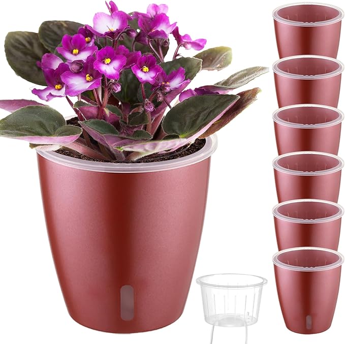 KvyusFlourish Self Watering Pots for Indoor Plants, 6-Pack 5'' Self Watering Planter with Drainage Holes, Small African Violet Pots with Water Indicator, Clear Wick Orchid Pot, Rose Gold
