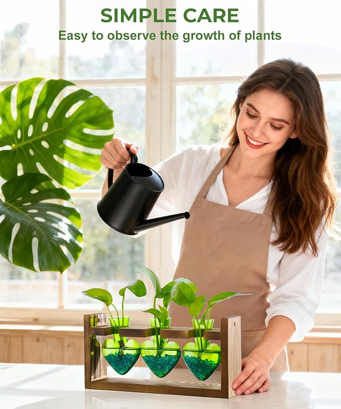 Nacome Plant Terrarium Propagation Stations: Valentines Day Gifts for Her Plant Lovers Women Mom Wife Daughter - 3 Bulb Glass Vase with Wooden Stand Tabletop for Hydroponics Indoor Home Decor(Green)
