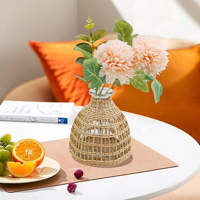 Flower Vases with Rattan Cover, Straw Woven Glass Vase, Rattan Woven Vase Decorative, Glass Flower Vase, Boho Glass Flower Vase, Vase for Home Flower Arrangement Table Decoration, 5.3''X3.5'',D Style