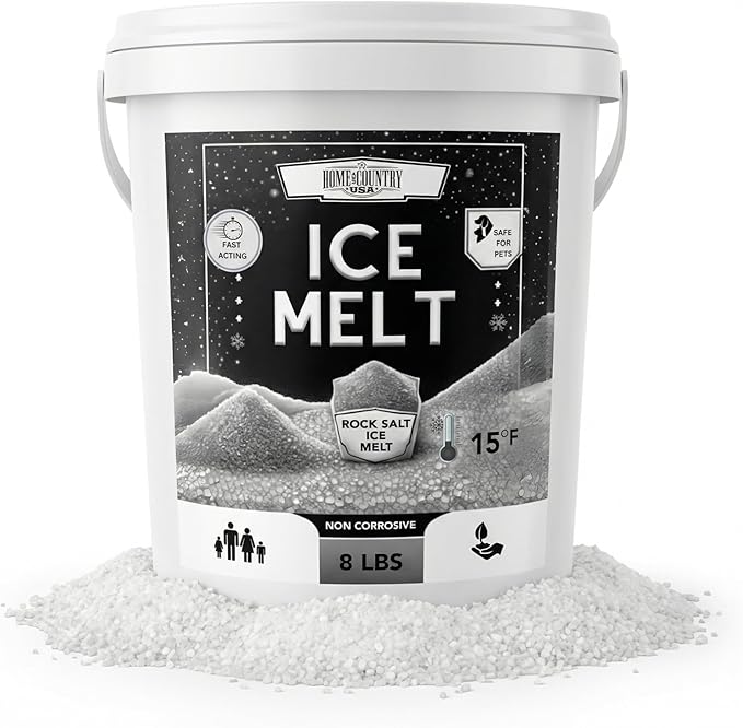 Rock Salt Ice Melt Pail Effective to -25°F, Eco-Friendly De-Icer, Optimal Granule Size for Quick Melting, Ideal for Driveways, Walkways, and Entryways (8 lb)