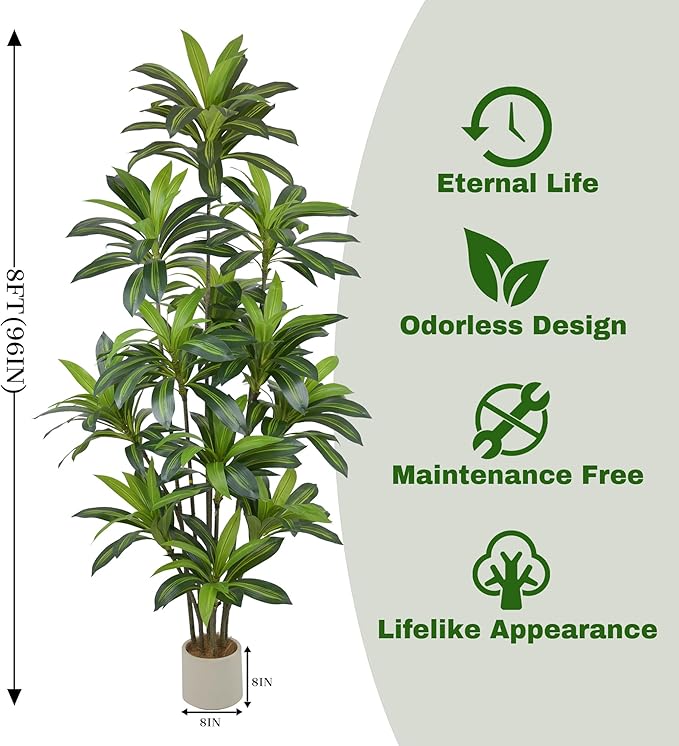 Artificial Dracaena Tree 8FT(96in) Tall Fake Plant with Realistic Green Leaves, Faux Floor Potted Artificial Trees for Home Office Living Room Decor Indoor Outdoor (8feet,1 Pack)