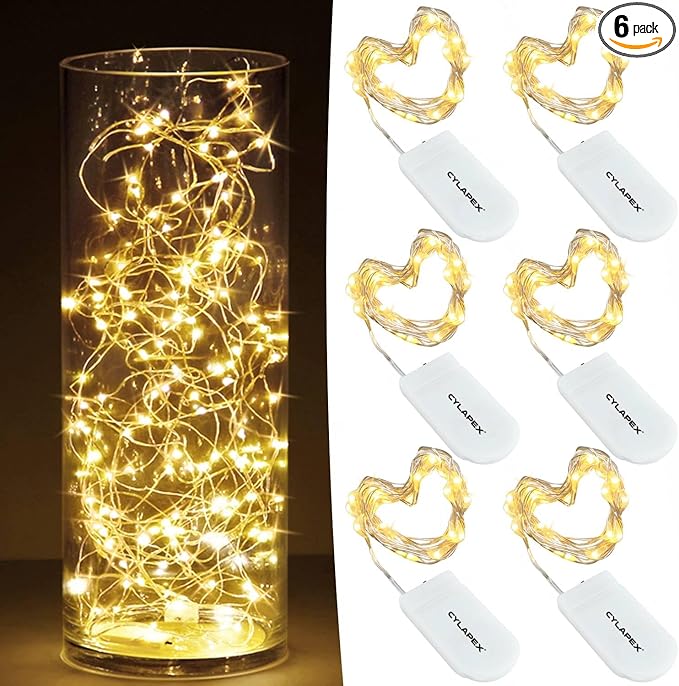 CYLAPEX 6 Pack Warm White Fairy Lights String Battery Operated Fairy Lights Firefly Lights LED Starry String Lights 7ft 20 LEDs Silvery Copper Wire for Christmas DIY Decoration Costume Wedding Party