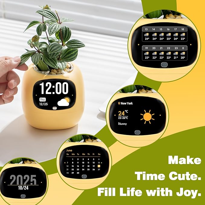 Plantsio AI Smart Pot for Plants with App Control, Self-Watering, Visual Display & 80ml Reservoir, Digital Plant Pot Supports 100+ Plants, Pomodoro Timer, Clock & Calendar,Desk & Office Planter-Yellow