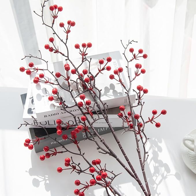 KYMY Artificial Red Berry Branch 27.5 Inch, Faux Winter Berry Stem for 2026 Chinese Vietnamese New Year Decorations, Realistic Holiday Floral Pick for Vase Table Home Party Decor