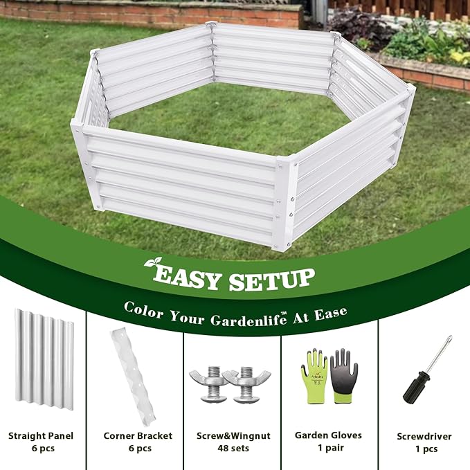 A ANLEOLIFE Hexagon Metal Raised Garden Bed, 18'' Tall Galvanized Flower & Ornamental Planter, 3FT Wide Decorative Raised Bed, Antique White