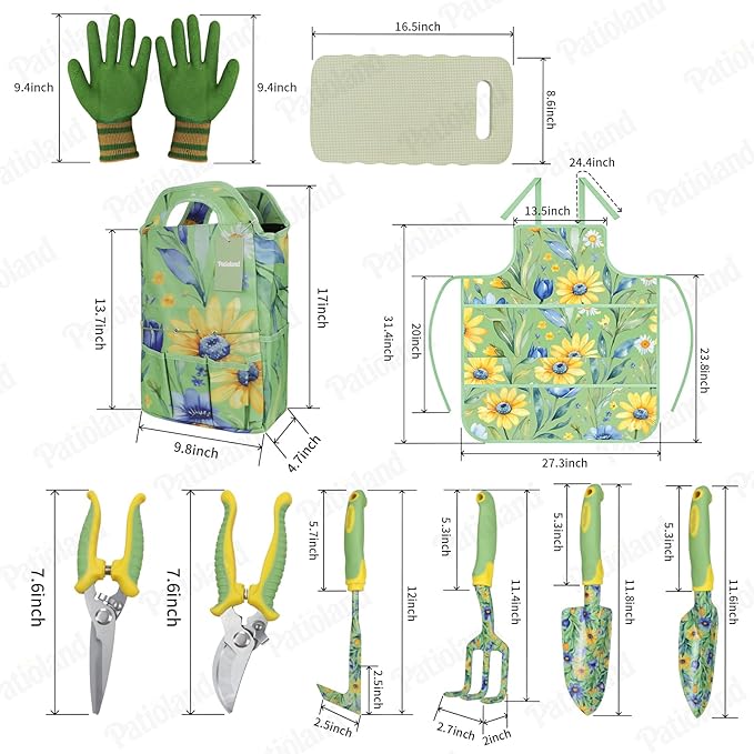Patioland 10-Piece Garden Tool Set – Green Floral Gardening Hand Tools with Non-Slip Handles, Heavy Duty Rust-Proof Aluminum Tools, Organizer Tote Bag, Ideal Gardening Gifts for Women & Grandma