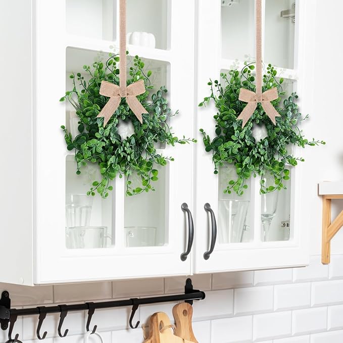 4 Pcs Mini Spring Wreaths Boxwood Table Centerpieces Green Pillars Candle Rings Wreaths 9 Inch Wreath for Cabinets Farmhouse Wreath with Ribbon for Front Door Porch Wall Window Decoration
