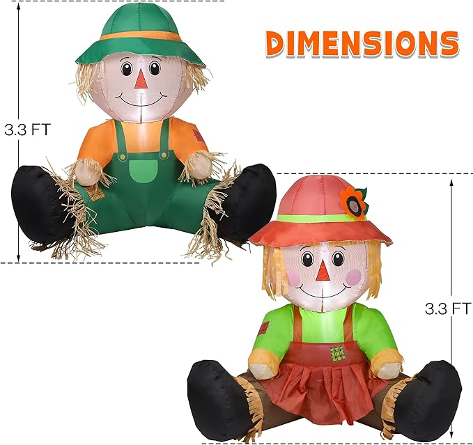 Lulu Home Fall Inflatable Decoration, 3.3FT Air Blown Scarecrow Couples with Built-in LED Lights for Harvest Indoor Outdoor Front Door Yard Lawn Garden Thanksgiving Decor, Set of 2