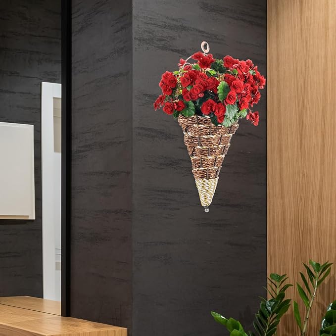 POPETPOP Wall Hanging Flower Pot Rattan Cone Shaped Planter Indoor Wall-Mounted Decorative Basket with Iron Frame Space-Saving Design