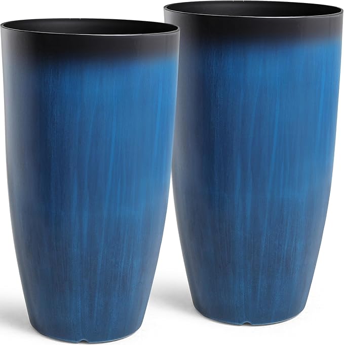 Ultym 23.75" Round Tall Planters, 2-Pack Large Flower Pots for Indoor Outdoor Plants, UV-Protect PP Container for Garden Patio Yard Balcony Porch or Home Decor, Artistic Floating Cobalt Blue Glaze