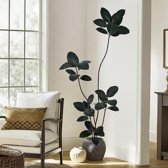 Artificial Rubber Tree 6FT with 33 Glossy Leaves & 5 Heads & Black Pot Cover with Coconut Fiber Realistic Tall Large Faux Tropical Ficus Elastica Plant 72 Inch for Indoor Home Modern Decor
