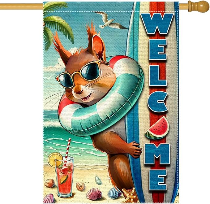 Welcome Garden Flag Double Side Burlap beach Surfboards Squirrel Summer Garden Flags Home Outdoor Yard Lawn Coastal Decorations(RMQ-479D, 28"X40")