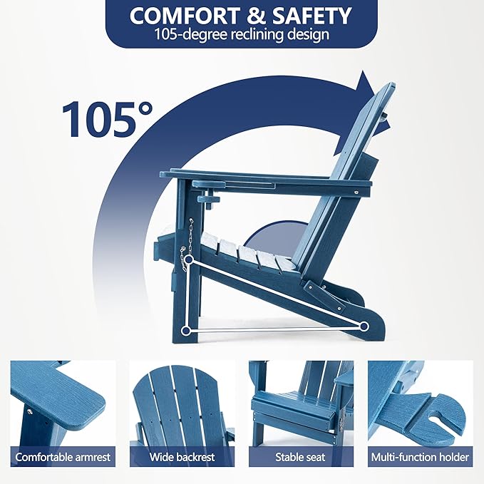 Folding Adirondack Chair Set with Side Table - HDPE Outdoor Patio Chairs, Weatherproof Chair with Reclining Back, Cup & Phone Holder, and 2-Tier Storage End Table for Firepit or Garden (Blue)