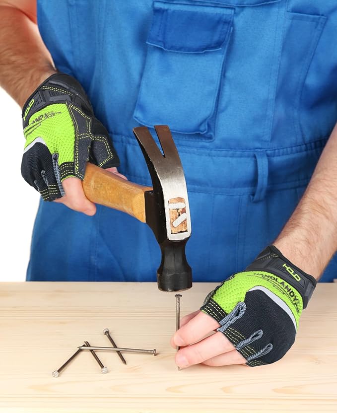 HANDLANDY Fingerless Work Gloves for Men Utility Padded Half Finger Driving Working Gloves (Small, Green)