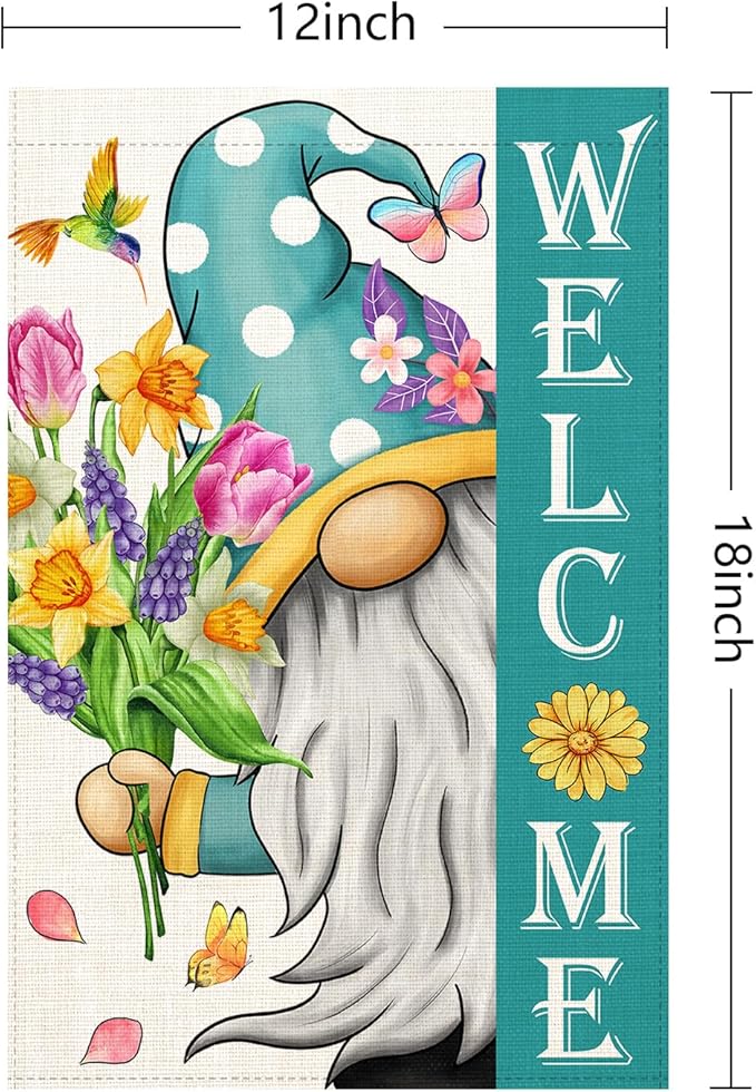 Welcome Spring Gnomes Garden Flag 12x18 Double Sided Vertical Outdoor Flag for Spring Summer Farmhouse Decoration Yard Lawn Garden Banner (Spring Garden Flag)