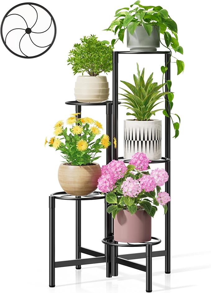 NQW Corner Plant Stand Indoor Outdoor Tall Metal Flower Pot Stands for Multiple Plants 5 Tier Heavy Duty Plant Shelf for Patio Garden Balcony Living Room Bedroom Black Kite