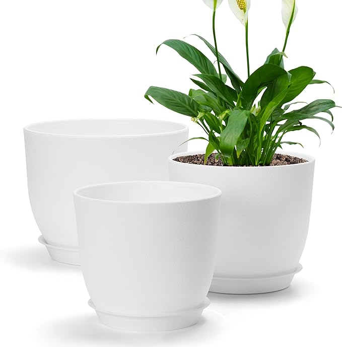 FHWTY Plastic Plant Pots 9/8/7.5 inch Set of 3, Indoor Planters with Drainage Holes and Tray, Thickened Plastic Flowers Pots for Indoor Outdoor Garden Plants and Flowers, White