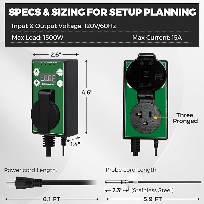 EAGLE PEAK Digital Heat Mat Thermostat Controller -4 to 108 °F for Heat Mat, Greenhouse, Heater Fan, Seedling, Germination, Fermentation and Reptiles, 15A/1500W, 2 Pack