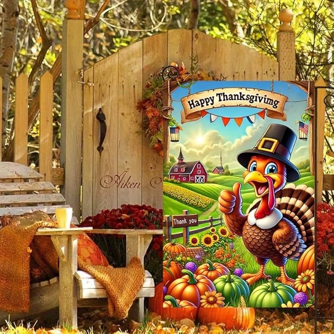 Thanksgiving Turkey Garden Flag Double Sided 12x18 Inch Happy Fall Pumpkin Farm Yard Flag Cartoon Turkey Banner Autumn Harvest Outdoor Lawn Porch Farmhouse Decoration Seasonal Holiday Home Decor