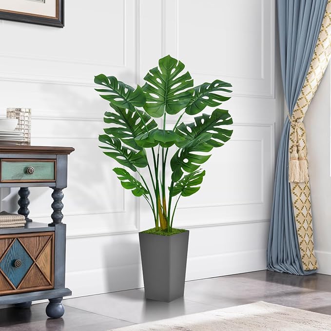 ASTIDY Artificial Monstera Deliciosa Plant 5FT - Faux Tropical Palm Tree with Gray Tall Planter - Fake Swiss Cheese Floor Plant Potted - Artificial Tree for Home Office Living Room Decor Indoor