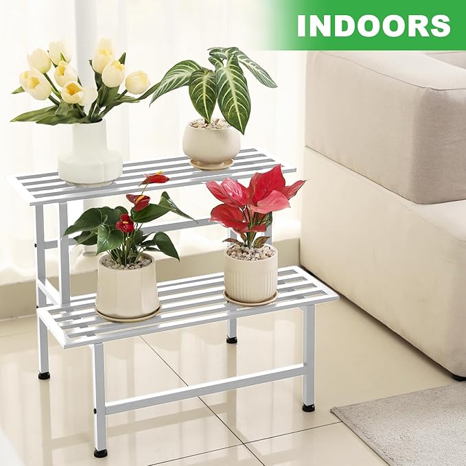Dipion Metal Plant Stand Outdoor Plant Shelf Indoor,2 Tier Heavy Duty Ladder Plant Stands for Multiple Plants,26" L x 20.25" H x 17.75" W,White