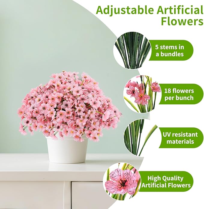 22 Pack Artificial Flowers Outdoor, Faux Flowers UV Resistant with Plastic Plants, Faux Silk Flowers for Outdoors Outside Front Porch Hanging Planter Window Box Garden Decoration(Pink)