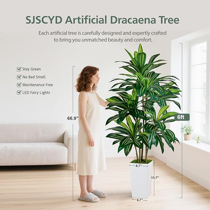 Artificial Dracaena Plant 6FT - Fake Tree with Tall Planter and Fairy Lights, Artificial Trees Faux Yucca Plants Indoor, Fake Plants for Home Office Living Room Decor