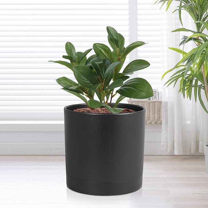 Meowell 6/5/4 inch Flower Pots, Set of 3 Cylinder Plant Pots for Small Indoor Outdoor Plants, Plastic Planters with Drainage Holes and Saucers for Garden Succulent Nursery House Plants, Black
