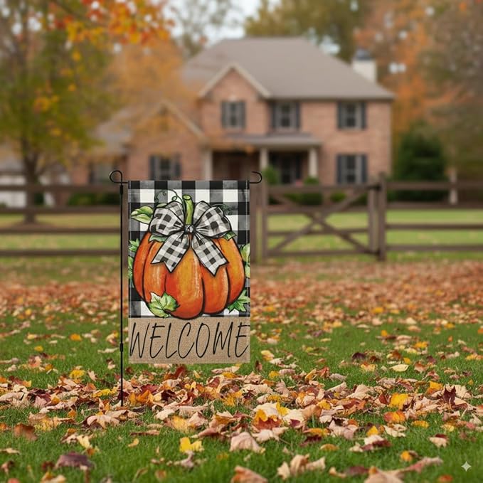 Fall Pumpkin Welcome Garden Flag 12x18 Inch Double Sided Buffalo Plaid Autumn Decor Thanksgiving Holiday Yard Flags Outdoor Decorations (Buffalo Plaid Pumpkin)