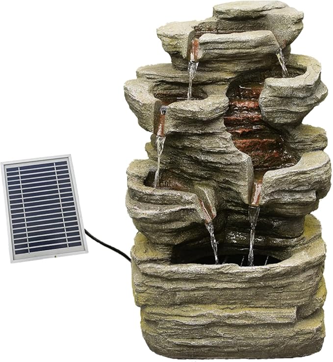 6-Tier Solar Water Fountain Outdoor, 24.4" H Cascading Rock Feature Garden Fountains and Waterfalls with Light, Pump, Solar Panel for The Patio, Deck, Porch, Backyard Home Décor, Stone Gray