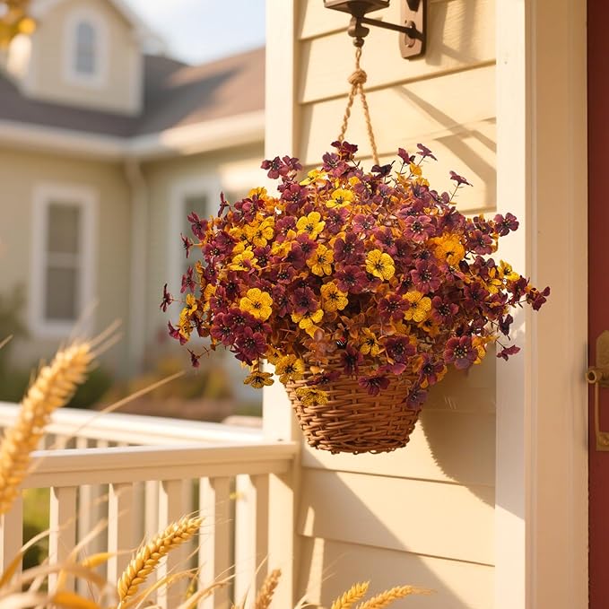 Grunyia 16 Bundles Artificial Fall Mums with Eucalyptus, Faux Daisy UV Resistant Outdoor Decor - Autumn Orange Flowers for Front Door Porch Planter, Patio, Thanksgiving Christmas (Fall Yellow&Red)