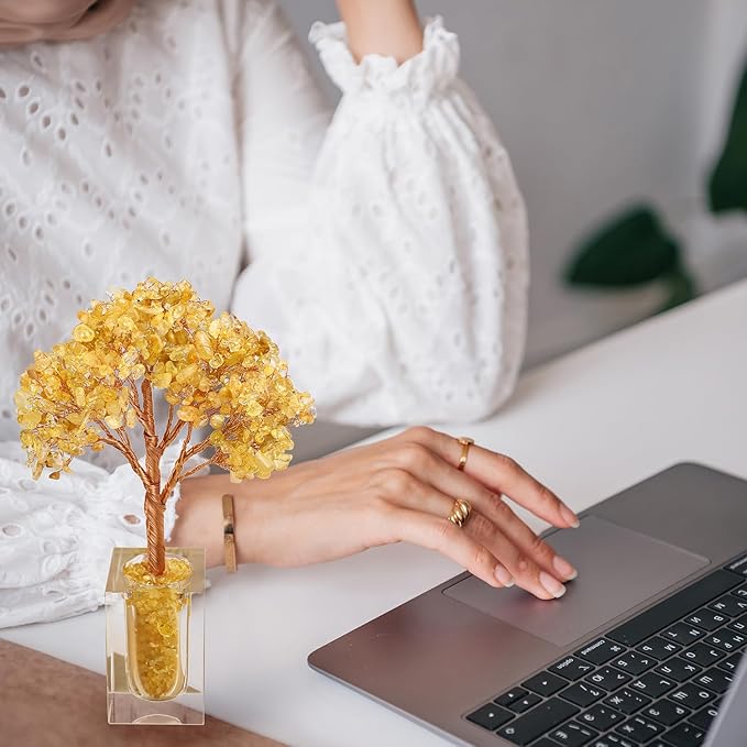 Magic and Miracles Citrine Crystal Money Bonsai Tree, Christmas Birthday Anniversary Housewarming Gifts, Yoga Wish Meditation Gemstone Tree, New Home Office Desk Decor Fengshui Plant