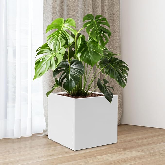 REBaiYU Steel Metal Square Planter Box for Indoor Outdoor, 20/24Inch Modern Flower Pots Tall Cube Planters with Large Opening Design for Plants, Flowers, Garden (White, 20Inch)