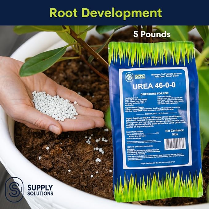 Supply Solutions Urea 46-0-0 Nitrogen Fertilizer to Stimulate Lush Growth and Deep Green Color - Plant Food Plant Fertilizer for Plants Lawn Garden - Bloom Booster for Flowers, Fruits (5lbs)