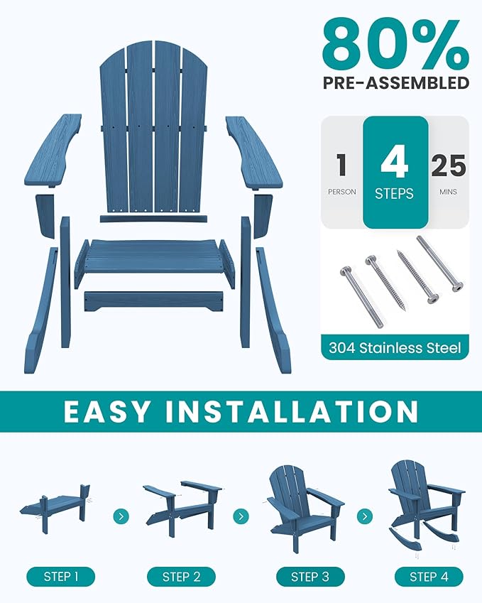 SERWALL Outdoor Adirondack Rocking Chairs Set of 6, All-Weather HDPE Adirondack Rocker Chair, Front Porch Rocker Chairs for Patio Lawn Porch Deck, Navy