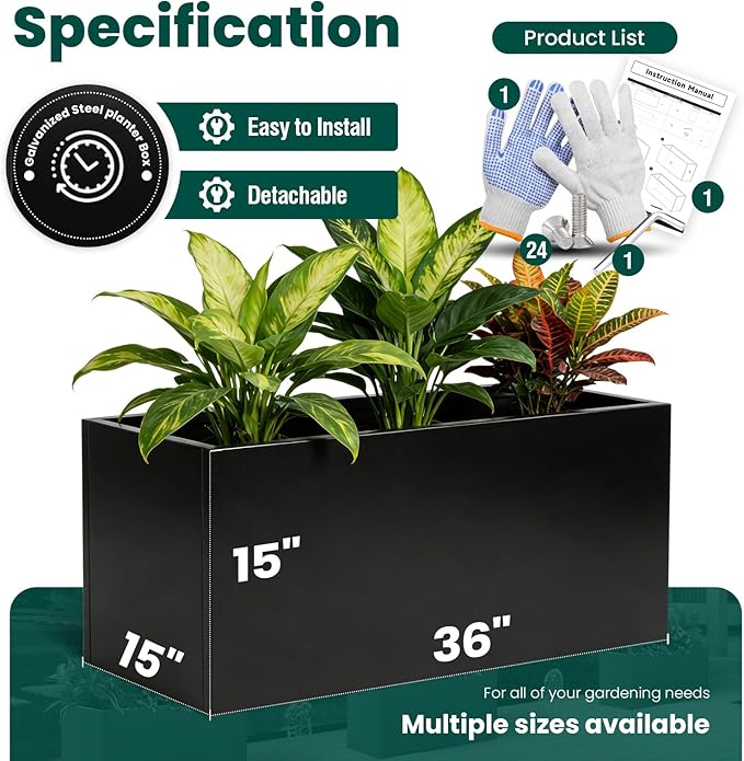 GZGNEEVL Metal Rectangular Planter Black Galvanized Steel Rectangle Planter Box 36" L x 15" W x 15" H Large Planter for Outdoor Indoor Plants Porch Patio Backyard