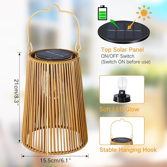 2 Pack Solar Lanterns Outdoor Waterproof, Hanging Rattan Woven Solar Lights with Auto On/Off, Decorative Gifts for Garden, Yard, Patio, Tree, Porch, Lawn, Pathway & Outside Tabletop Decor