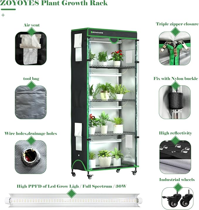Plant Stand with Grow Light, 36" W x 18" D x 72" H, 5-Tier Indoor Greenhouse with Cover & 3-Color T8 Growth Lights and Smart Socket, Thermohygrometer, for Seedlings & Flowering