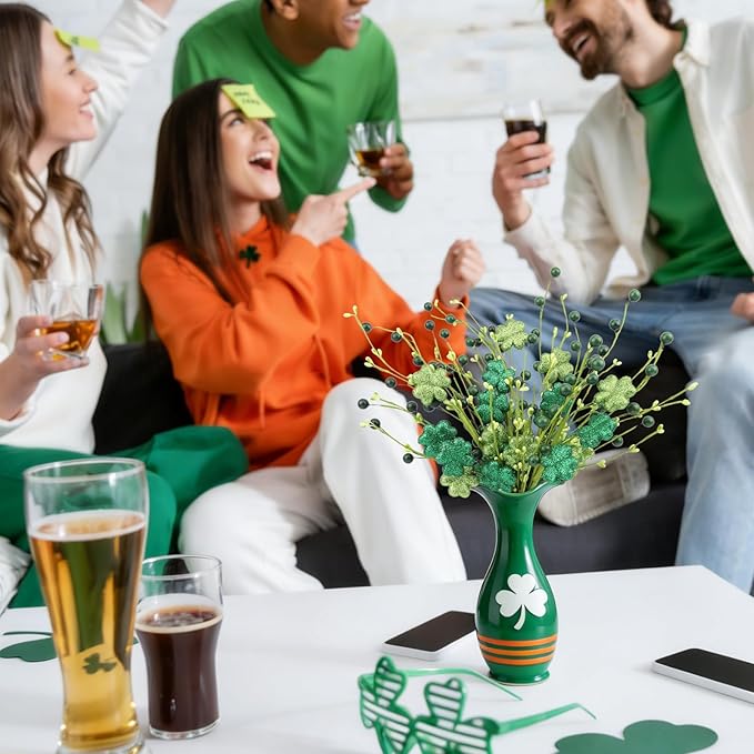 4Pcs St.Patrick's Day Shamrock Flowers Glitter Artificial Shamrock Picks with Lucky Clover Berries for St. Patrick's Day Decorations Centerpieces Home Decor