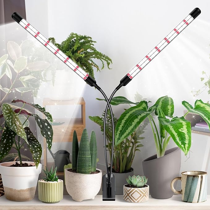 LPMZMBL 2 Head Grow Lights for Seed Starting, Full Spectrum Grow Lights for Indoor Plants with 6/12/18H Timer, V-Shaped Design Light, 5 Dimmable Level, Plant Lamp Clip-on Desk for Indoor Plant Growing
