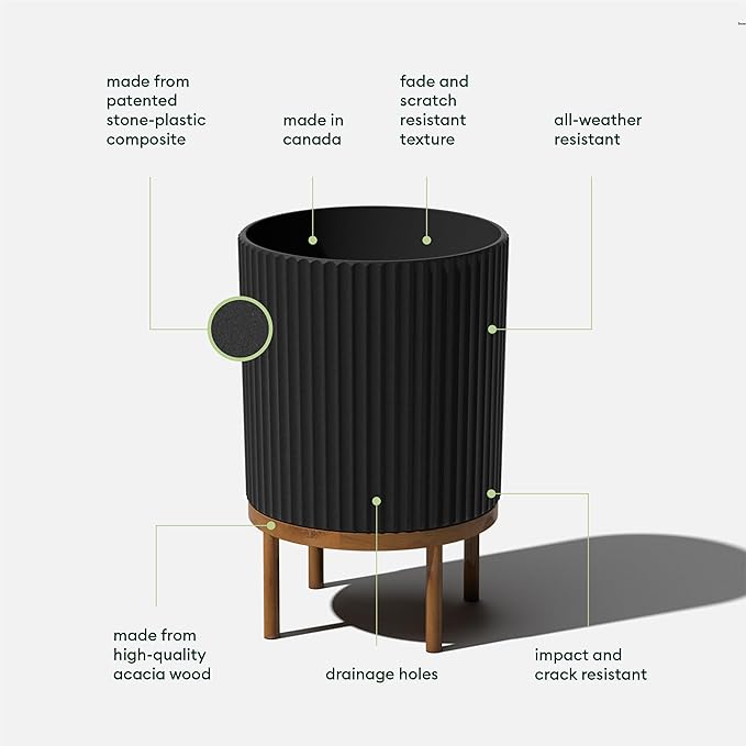 Veradek Demi Series Round Planter w/ Stand for Porch/Patio | Durable Plastic-Concrete & Wooden Stand | Modern Décor for Tall Plants, Flowers