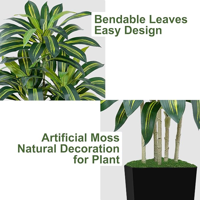 Keeplush 6FT Artificial Dracaena Tree - High-Density Foliage Fake Plant with Black Tall Planter - Faux Yucca Floor Plant for Home Office Decor Indoor
